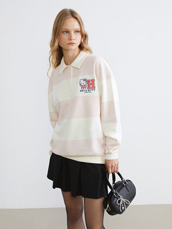 XSIDE Polo Yaka Hello Kitty Nakışlı Kadın Kalın Sweatshirt