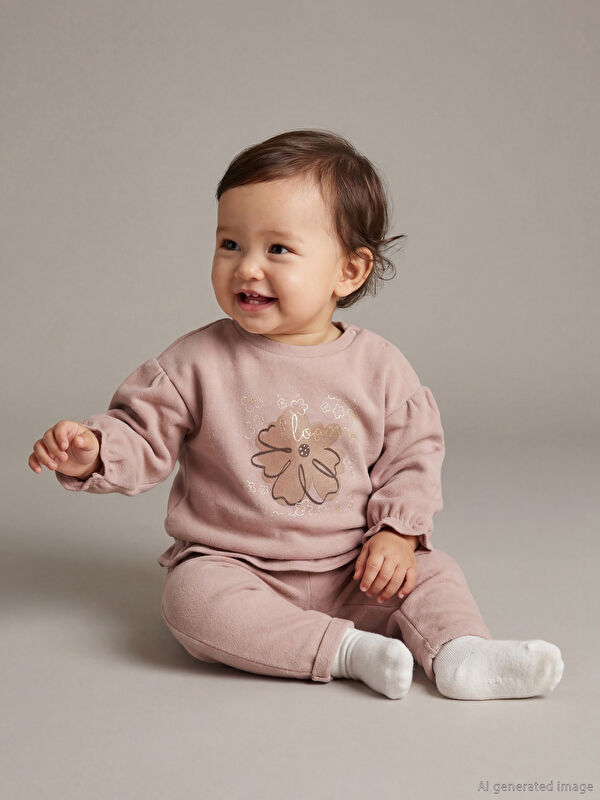 LCW baby Çiçek Baskılı Fırfırlı Kız Bebek Sweatshirt ve Eşofman Altı