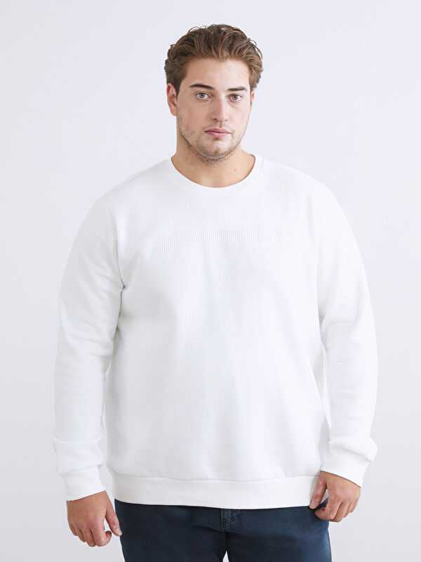 LCWAIKIKI Classic Büyük Beden Bisiklet Yaka Baskılı Erkek Kalın Sweatshirt