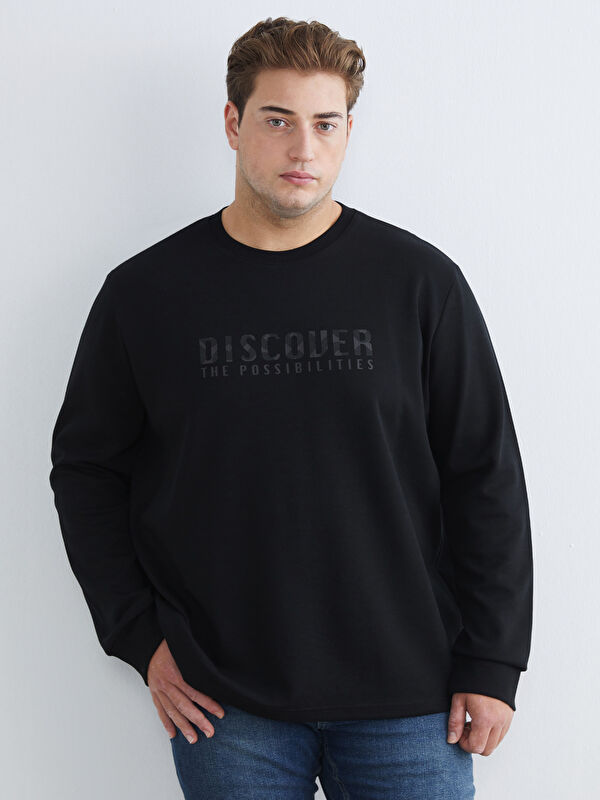 LCWAIKIKI Classic Büyük Beden Bisiklet Yaka Baskılı Erkek Sweatshirt