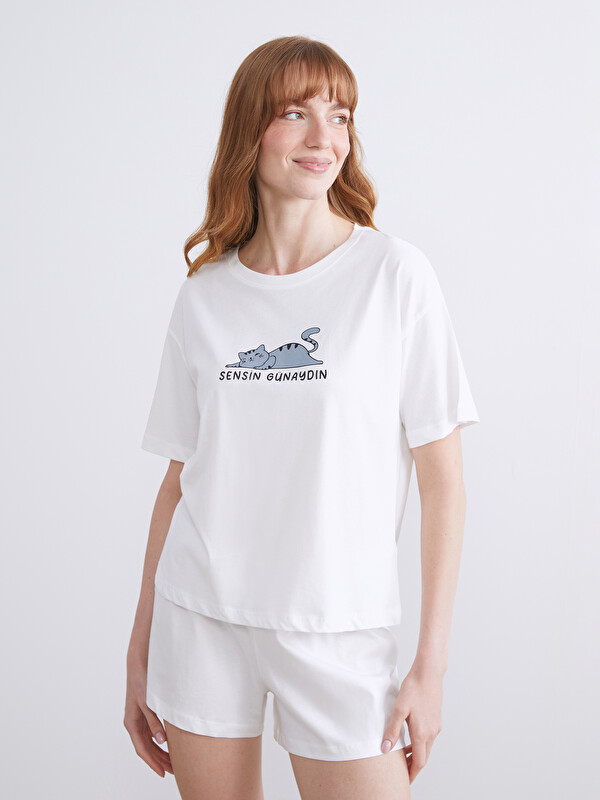 LCW DREAM Bisiklet Yaka Baskılı Kadın Şortlu Pijama Takımı