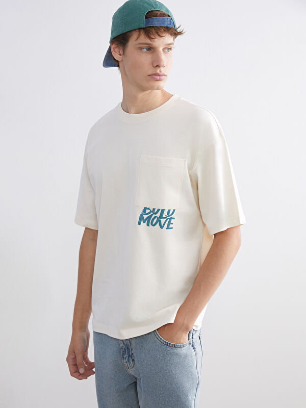 XSIDE Ekru Bisiklet Yaka Baskılı Penye Erkek Tişört - W5M456Z8-FDL