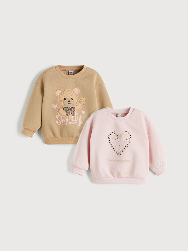LCW Kids Crew Neck Girl's Thick Sweatshirt, Pack of 2