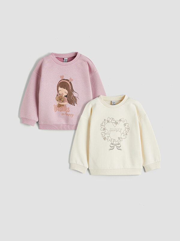 LCW Kids Crew Neck Girl's Thick Sweatshirt, Pack of 2