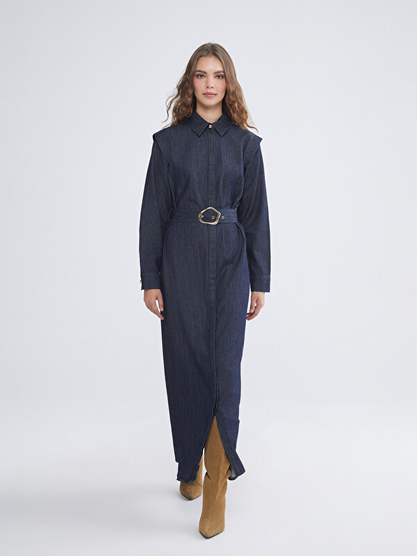 LCW Modest Gömlek Yaka Kemerli Jean Elbise
