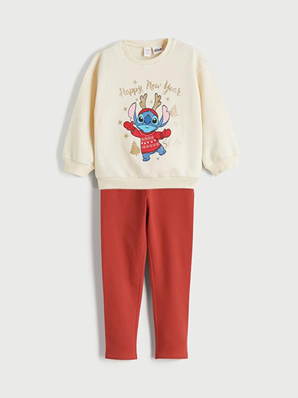 LCW Kids Crew Neck Stitch Printed Girls' Sweatshirt and Leggings