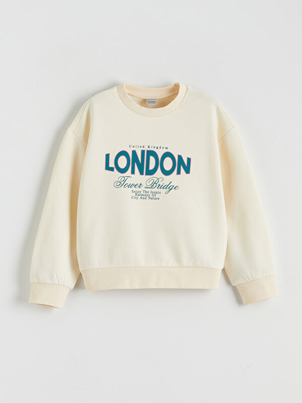 LCW Kids Crew Neck Printed Girls' Thick Sweatshirt