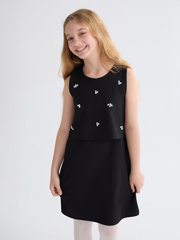 LCW Kids Bisiklet Yaka Taşlı Kız Çocuk Elbise