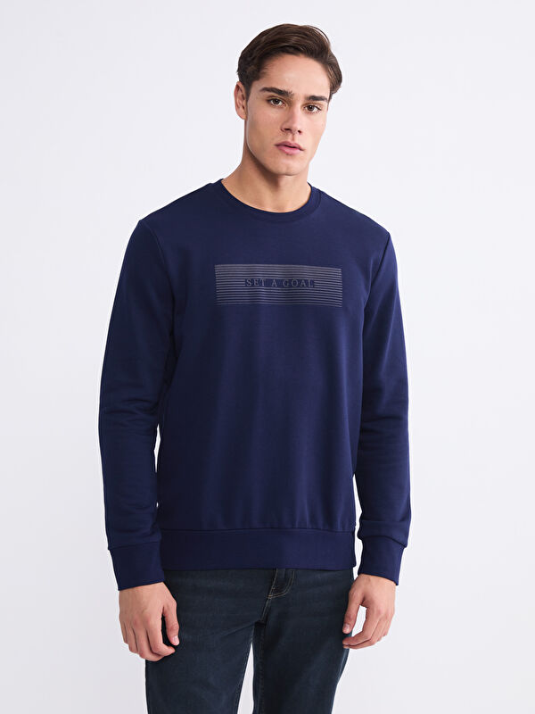 LCWAIKIKI Classic Bisiklet Yaka Baskılı Erkek Sweatshirt