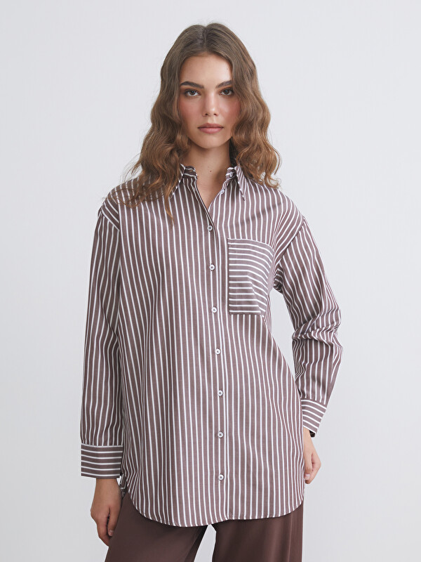 LCW Modest Çizgili Poplin Kadın Gömlek Tunik