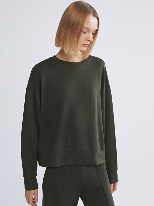 XSIDE Haki Bisiklet Yaka Oversize Kadın Sweatshirt - W5MC03Z8-24V