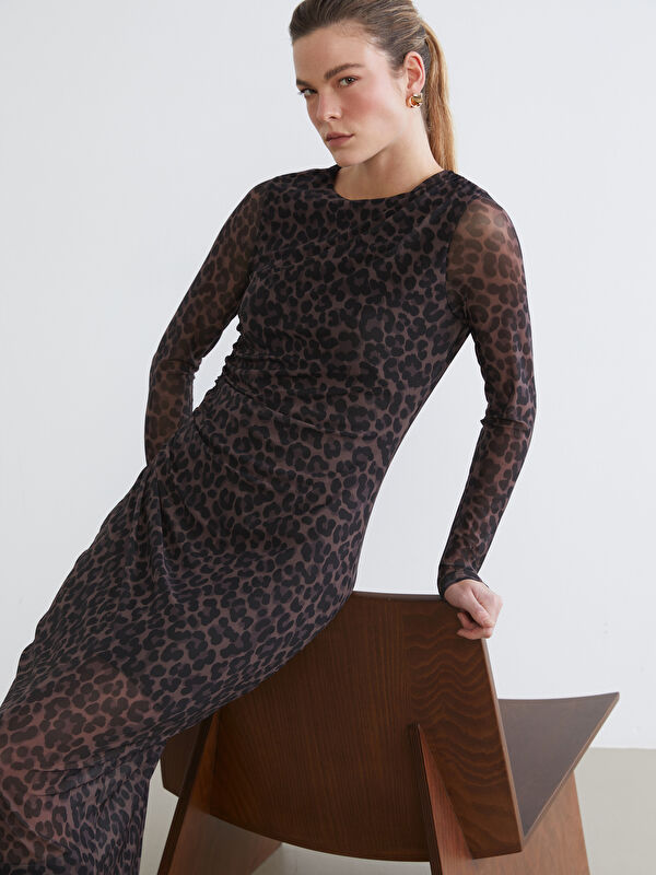 LCWAIKIKI Classic Crew Neck Leopard Print Ruched Dress