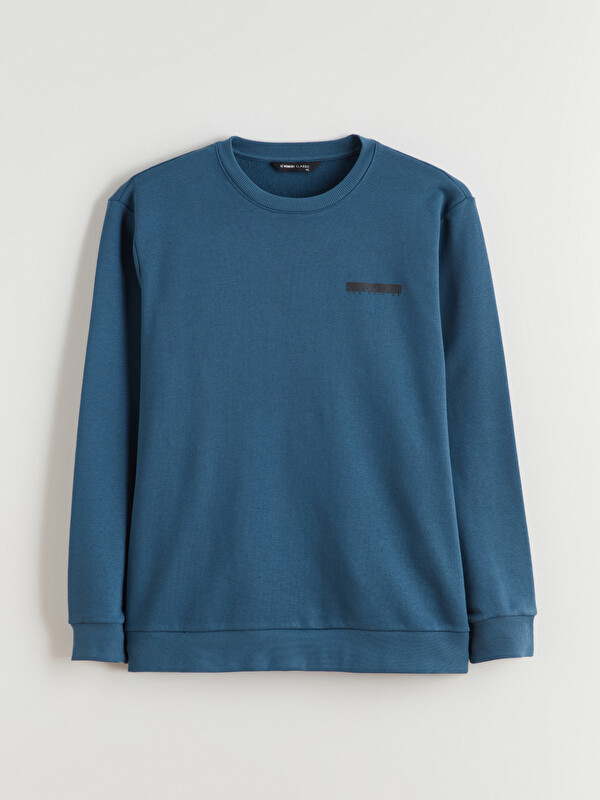 LCWAIKIKI Classic Lacivert Bisiklet Yaka Baskılı Erkek Sweatshirt