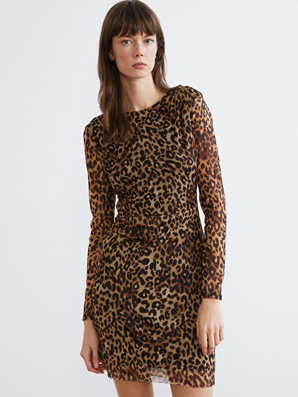 LCW Vision Leopar Desenli BüzgülüTül Mini Elbise