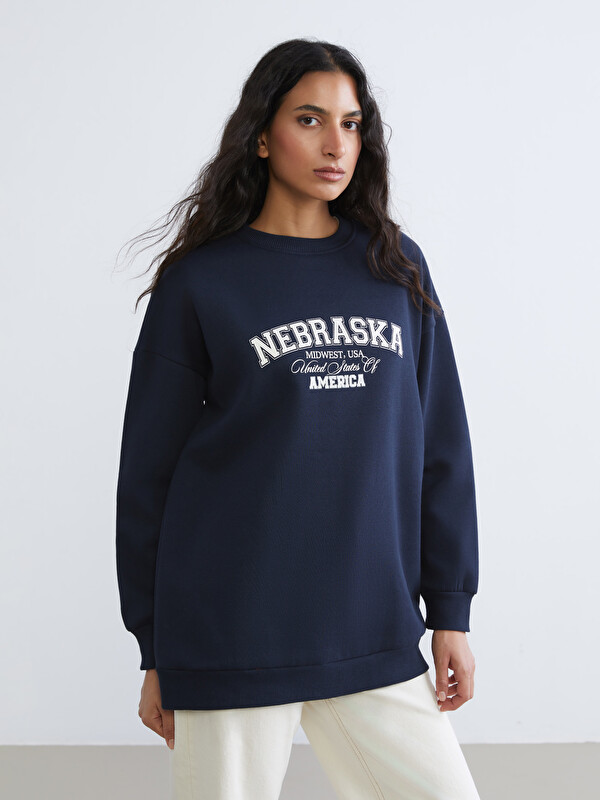 LCW Modest Nebraska Baskılı Kadın Kalın Sweatshirt Tunik