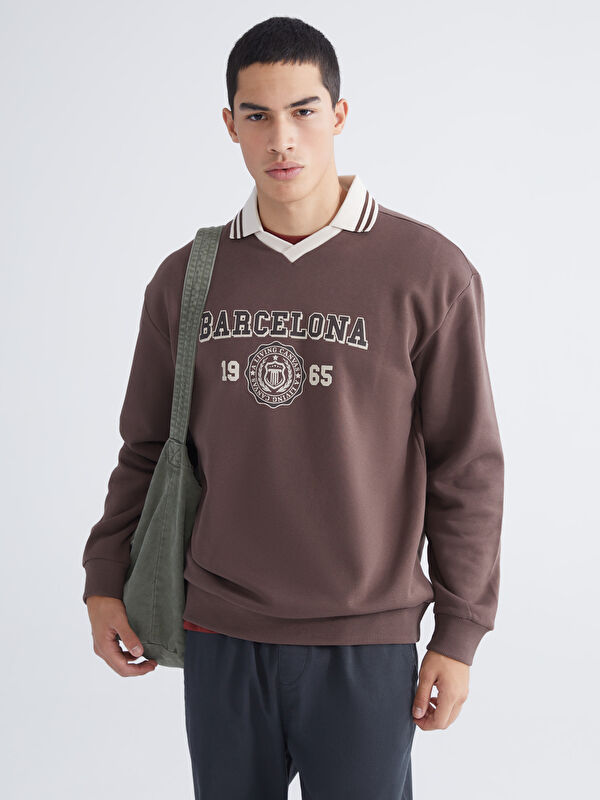 XSIDE Polo Yaka Baskılı Oversize Erkek Sweatshirt