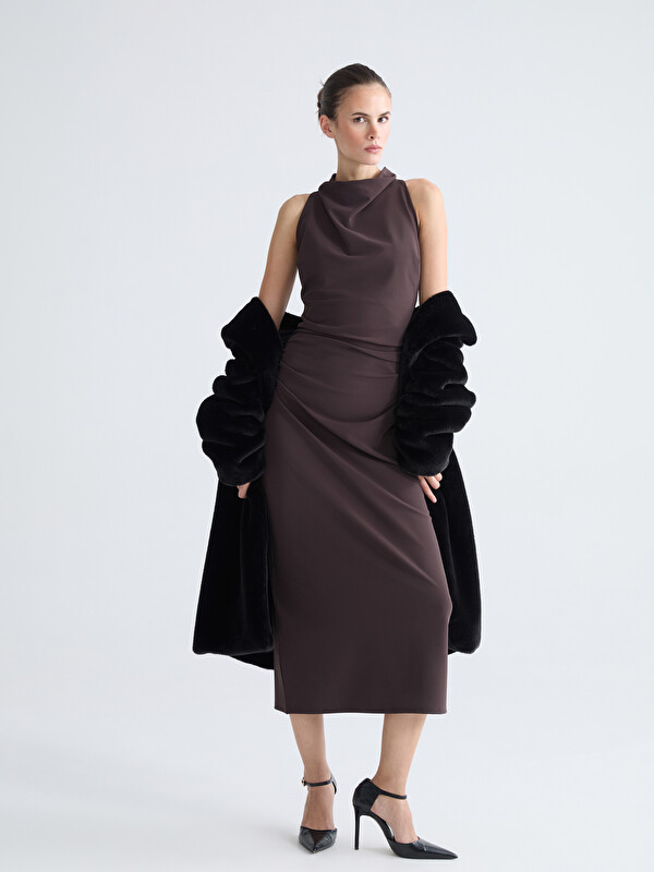 LCW Vision Draped Collar Gathered Crepe Dress - W5MI14Z8-HDT - LC