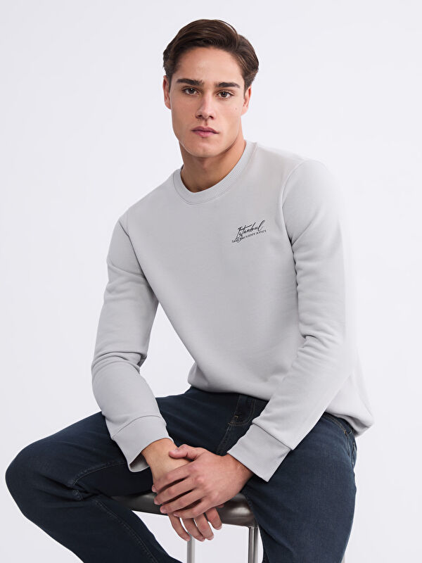 LCWAIKIKI Classic Bisiklet Yaka Baskılı Erkek Sweatshirt