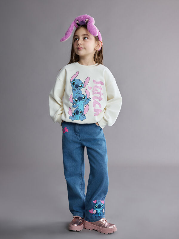 LCW Kids Beli Lastikli Stitch Baskılı Kız Çocuk Jean Pantolon