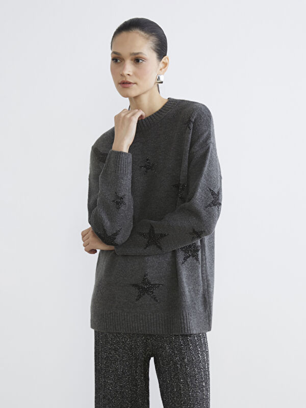 LCW Modest Bisiklet Yaka Yıldız Desenli Kadın Triko Tunik