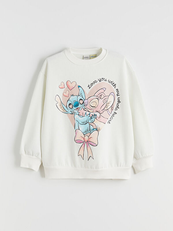 LCW Kids Bisiklet Yaka Stitch ve Angel Baskılı Kız Çocuk Sweatshirt