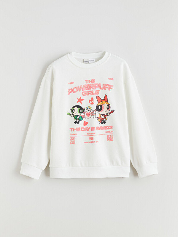 LCW Kids Bisiklet Yaka PowerPuff Girls Baskılı Kız Çocuk Sweatshirt