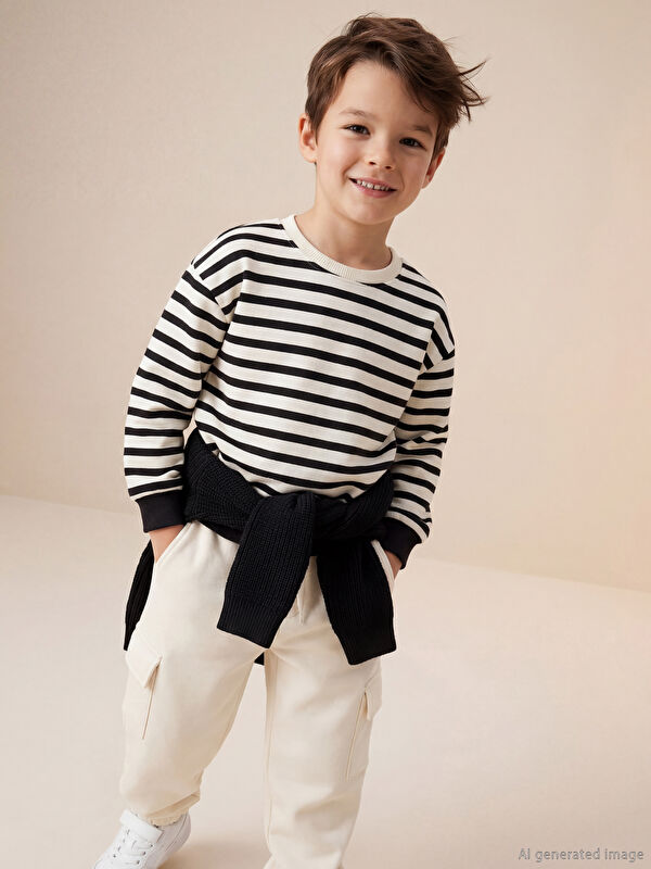 LCW Kids Bisiklet Yaka Çizgili Erkek Çocuk Kalın Sweatshirt