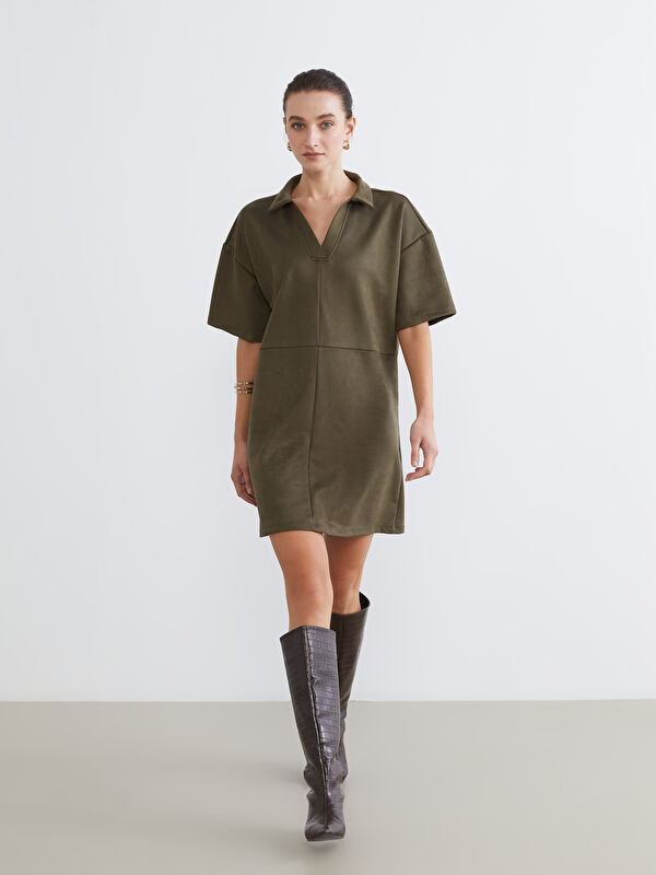 LCW Comfort Gömlek Yaka Süet Mini Elbise