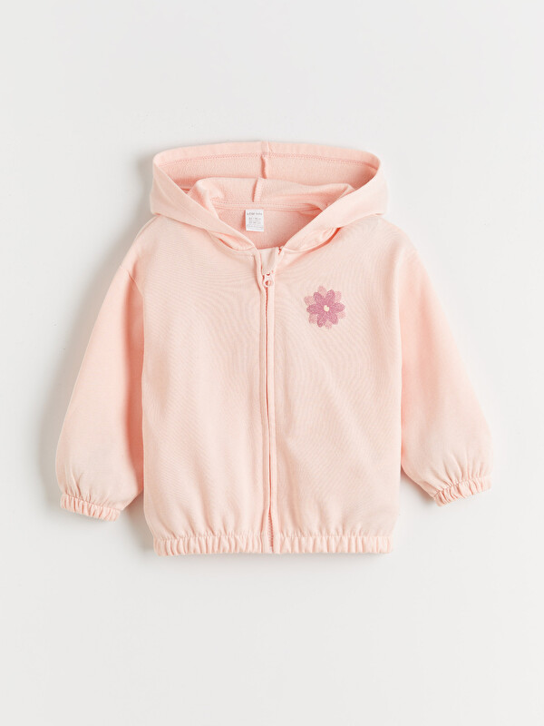 LCW baby Kapüşonlu Çiçekli Kız Bebek Fermuarlı Sweatshirt
