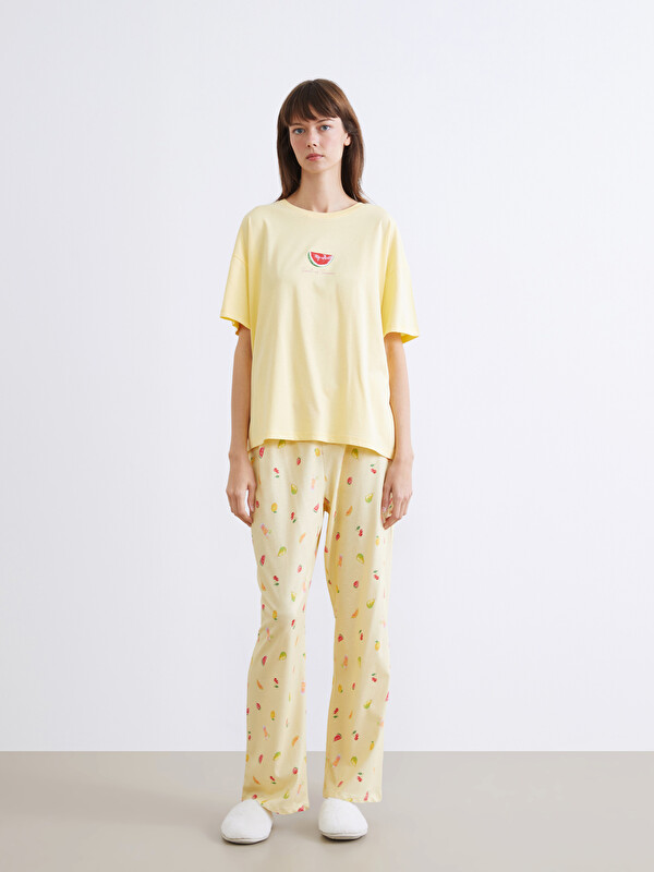 LCW DREAM Bisiklet Yaka Baskılı Kadın Pijama Takımı