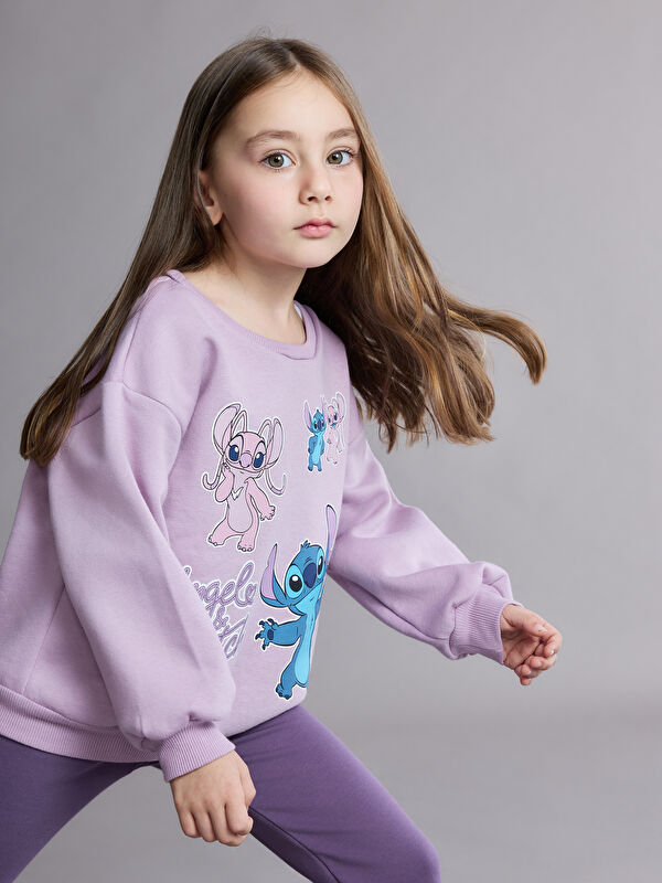 LCW Kids Bisiklet Yaka Stitch ve Angel Baskılı Kız Çocuk Sweatshirt ve Tayt