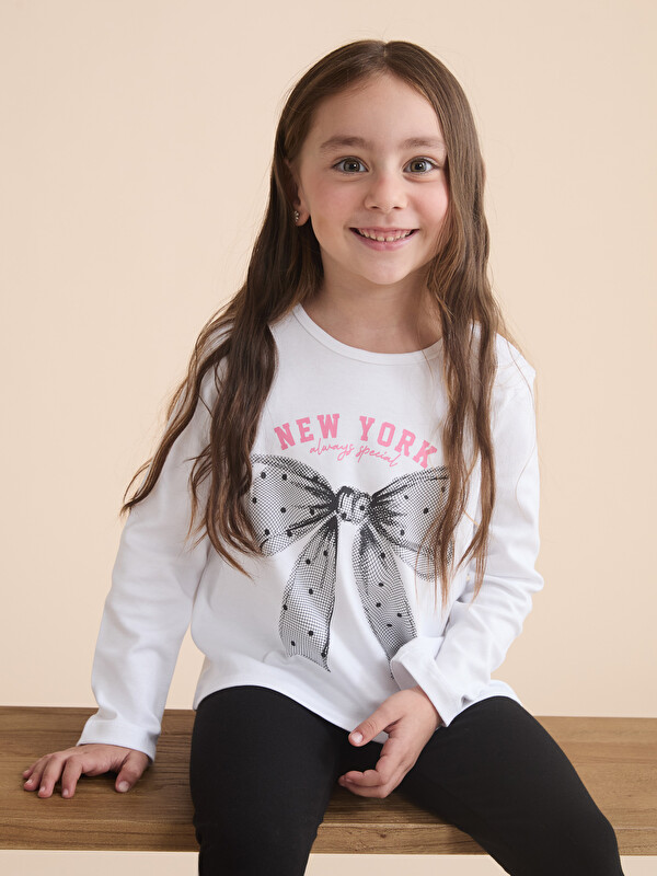 LCW Kids Bisiklet Yaka Fiyonk Baskılı Kız Çocuk Tişört
