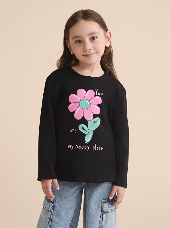 LCW Kids Bisiklet Yaka Çiçekli Kız Çocuk Tişört