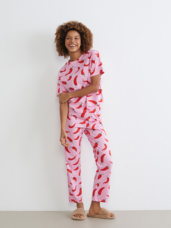 LCW Young Bisiklet Yaka Desenli Kadın Pijama Takımı