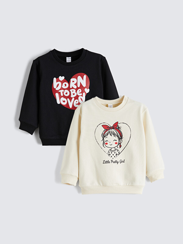 LCW Kids Bisiklet Yaka Baskılı Kız Çocuk Sweatshirt 2'li
