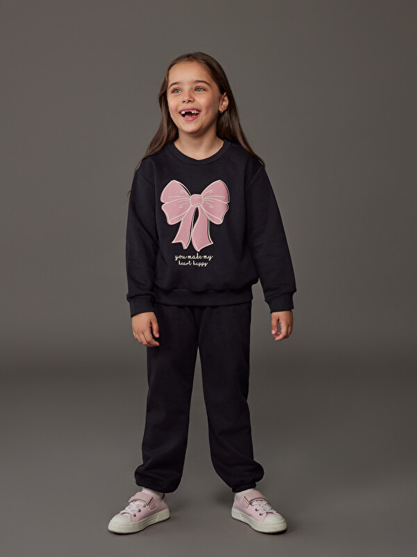 LCW Kids Fiyonk Baskılı Kız Çocuk Sweatshirt ve Eşofman Alt