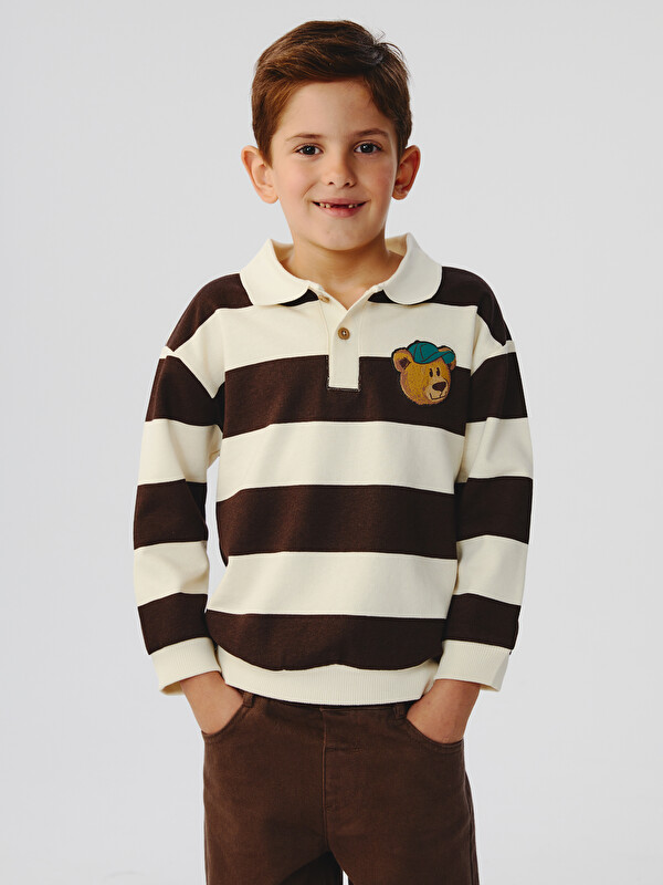 LCW Kids Polo Yaka Çizgili Erkek Çocuk Sweatshirt