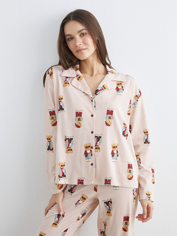 LCW DREAM Collared Neck Bear Teddy Printed Women's Pyjama Set