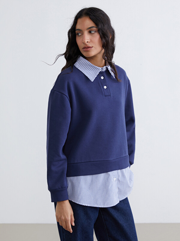 LCW Modest Gömlek Yaka Çizgili Kadın Kalın Sweatshirt Tunik