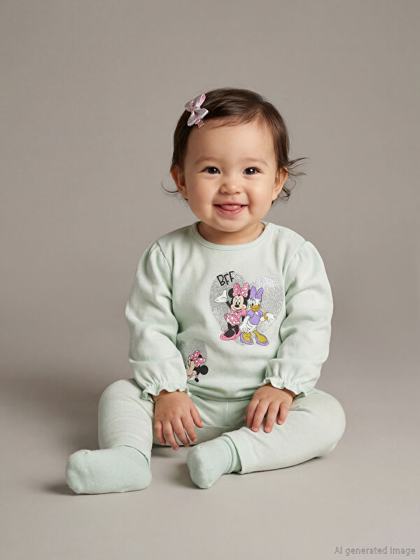LCW baby Bisiklet Yaka Minnie Mouse Baskılı Kız Bebek Tişört ve Tayt