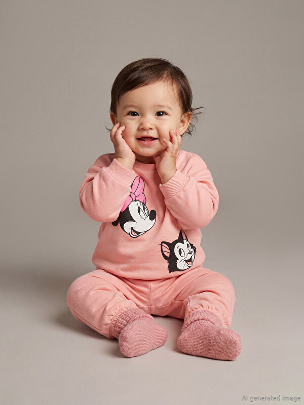 LCW baby Minnie Mouse Baskılı Kız Bebek Sweatshirt ve Eşofman Alt