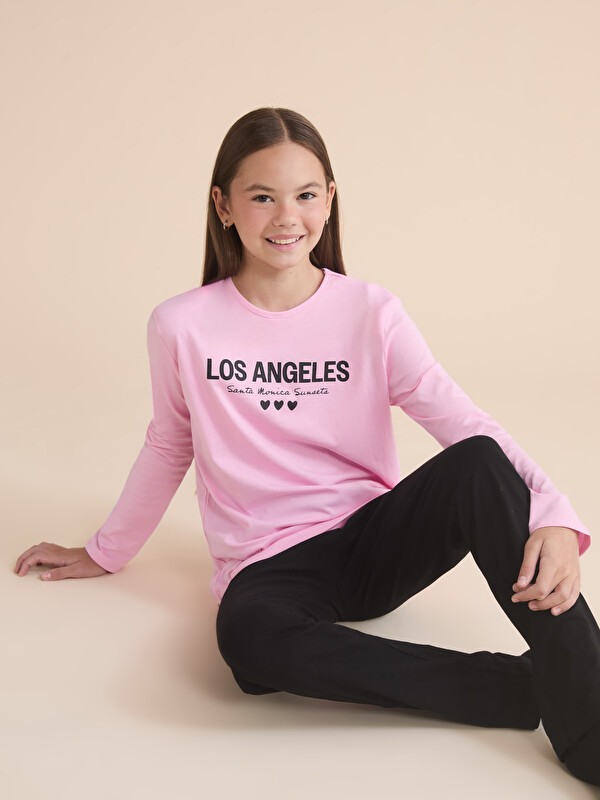 LCW Kids Bisiklet Yaka Los Angeles Baskılı Kız Çocuk Pijama Takımı