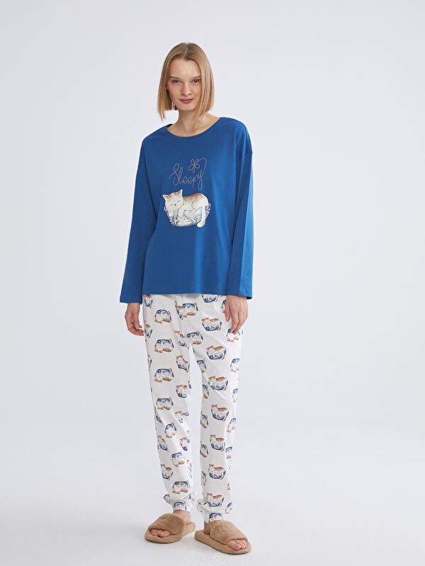 LCW DREAM Bisiklet Yaka Kedi Baskılı Kadın Pijama Takımı