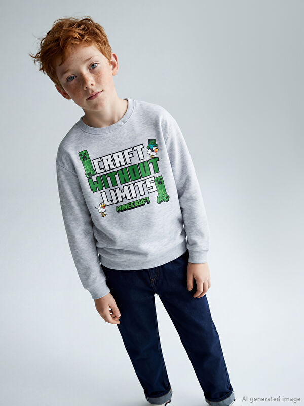 LCW Kids Bisiklet Yaka Minecraft Baskılı Erkek Çocuk Kalın Sweatshirt