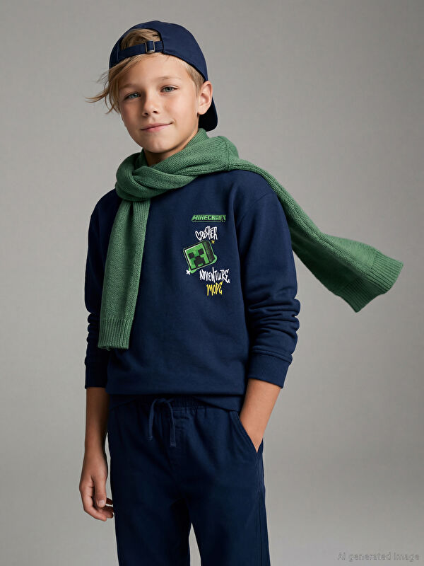 LCW Kids Bisiklet Yaka Minecraft Baskılı Erkek Çocuk Kalın Sweatshirt