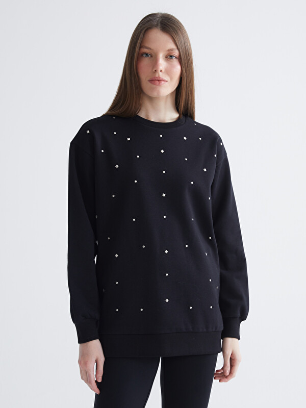 LCW Comfort Bisiklet Yaka Taşlı Kadın Sweatshirt