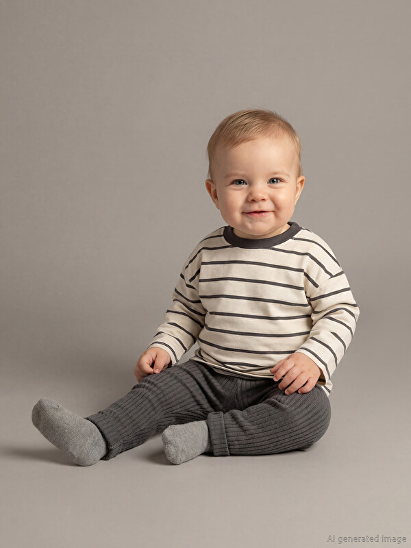 LCW baby Ekru Çizgili Erkek Bebek Tişört ve Pantolon 2'li