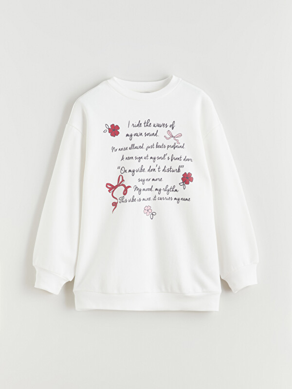 LCW Kids Bisiklet Yaka Baskılı Kız Çocuk Kalın Sweatshirt