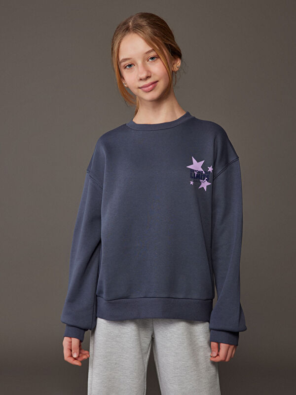 LCW Kids Bisiklet Yaka Baskılı Kız Çocuk Kalın Sweatshirt