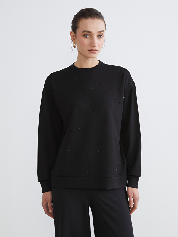 LCW Comfort Bisiklet Yaka Taşlı Kadın Sweatshirt
